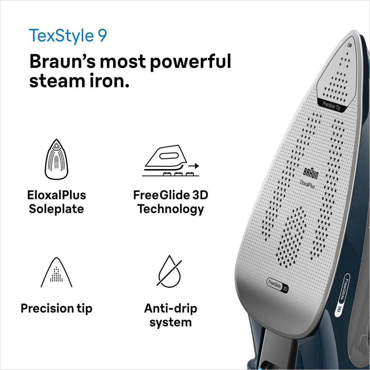 EAN 8021098002938 - Braun TexStyle 9 0127409002 plancha Plancha a vapor EloxalPlus soleplate 3200 W Azul oscuro imagen 7