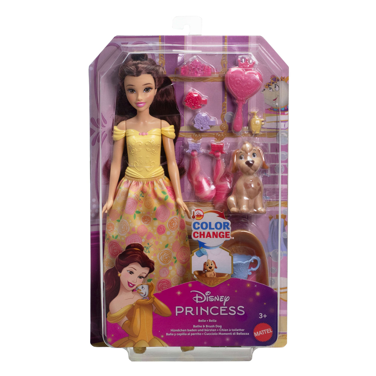 Mattel Disney Prinzessin Baden Und Bürsten Belle-Modepuppe Mit Hündchen (Mit Farbwechseleffekt Und Zubehör) Jfc42