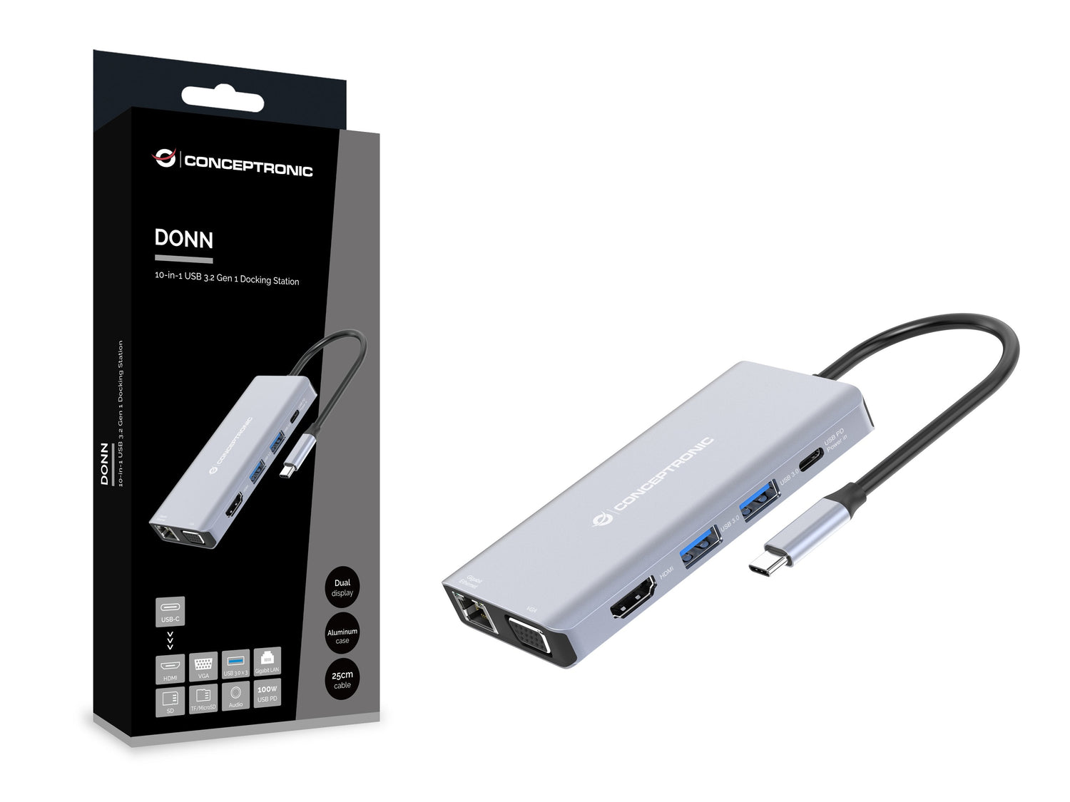Dock Usb-C 10in1 Conceptronic Hdmi Vga Usb 3.0 Usb-A Audio Lan Gigabit Lector De Tarjetas Usb-C Pd 100w