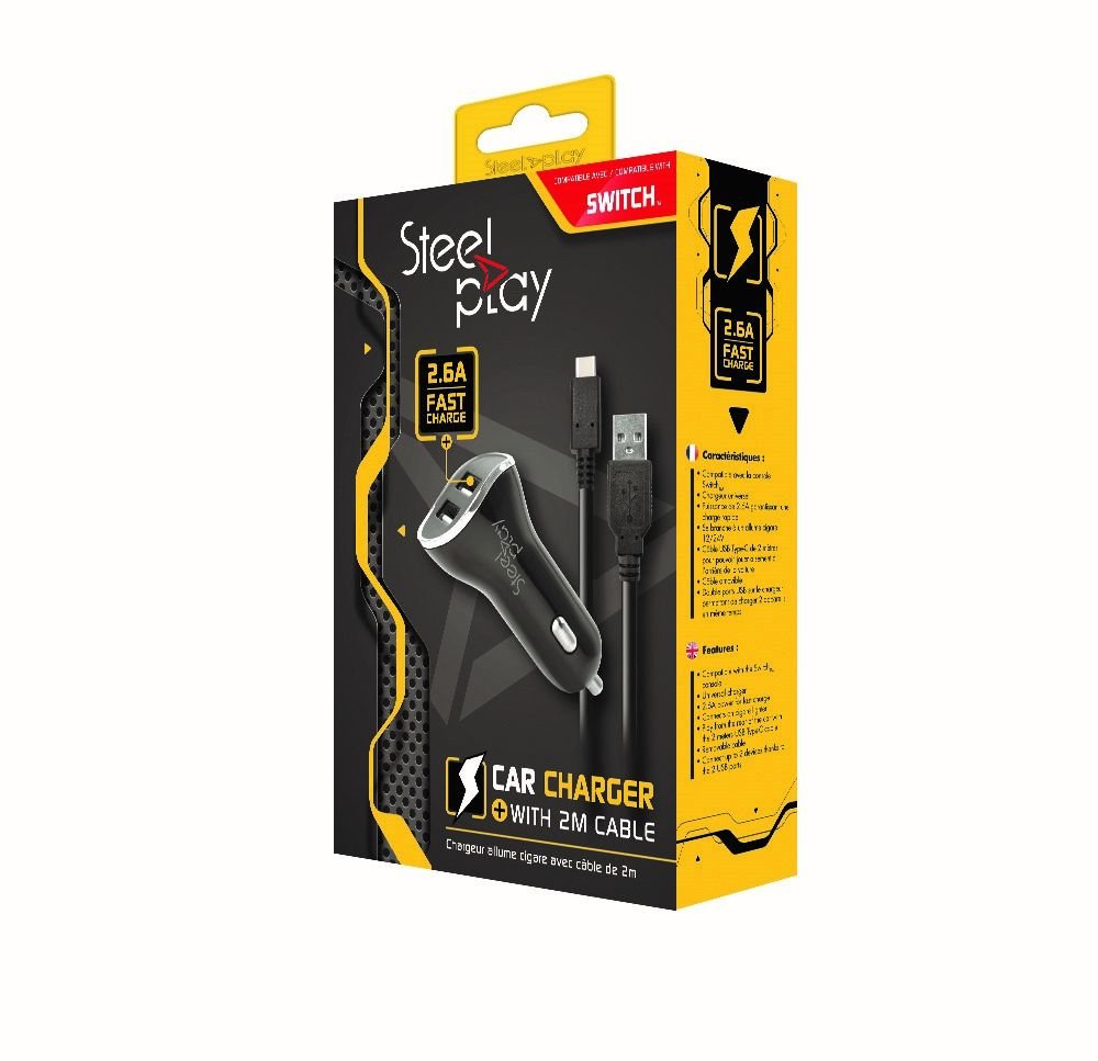 Cargador De Coche Steelplay Con 2 Puertos Usb 2.6a + Cable De Carga De 2m Con Interruptor