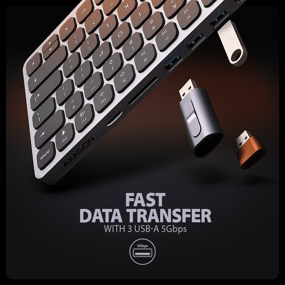 Teclado Ingles Axagon Hmc-Kb-Us Usb-C 5gbps Con Hub, Microsd/Sd, 3x Usb-A, Hdmi 4k/60hz, Pd 100w, Audio, Ee.Uu.