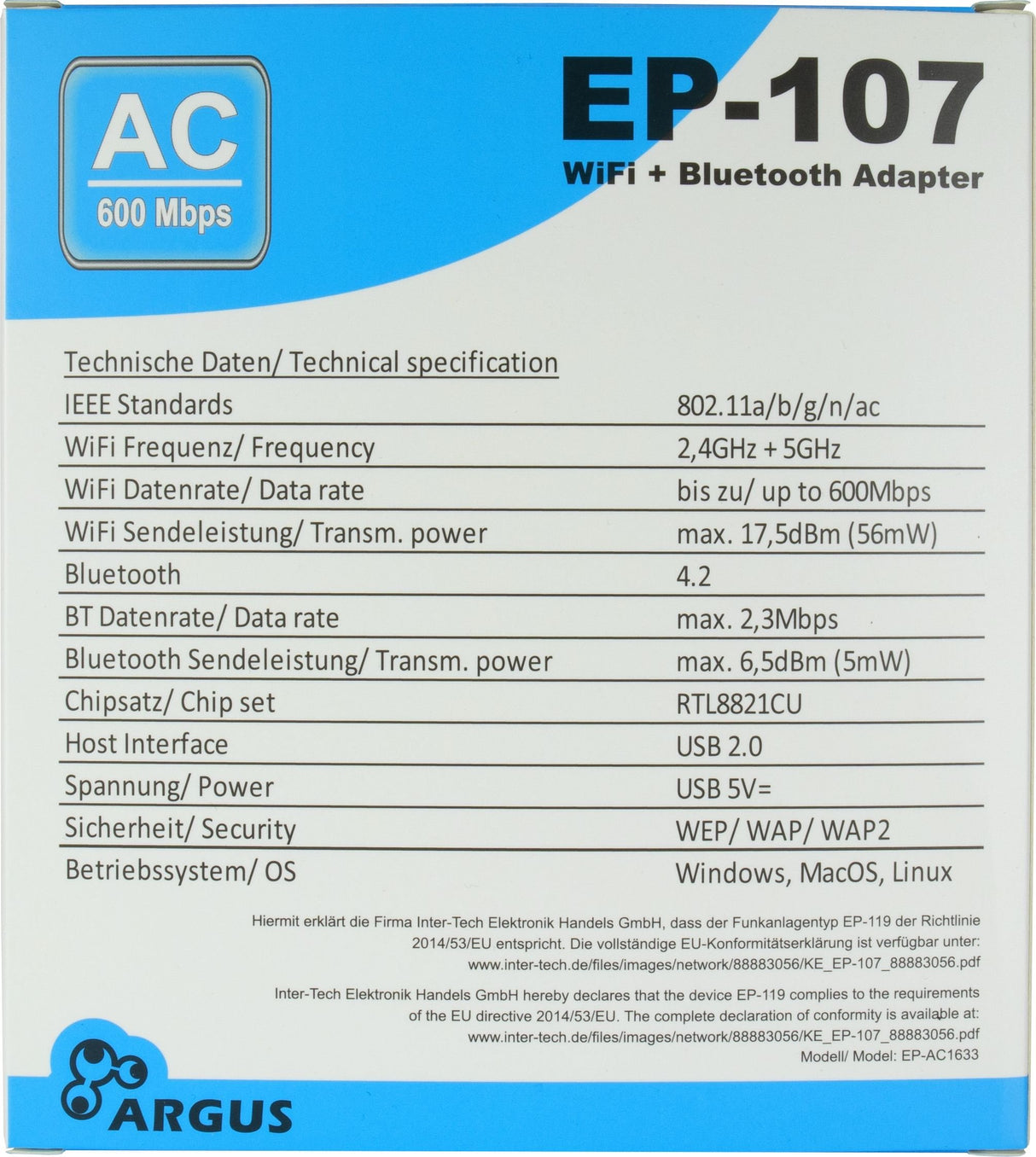 Inter-Tech Wi-Fi 5 Usb Adapter Argus Ep-107, Bluetooth 4.2