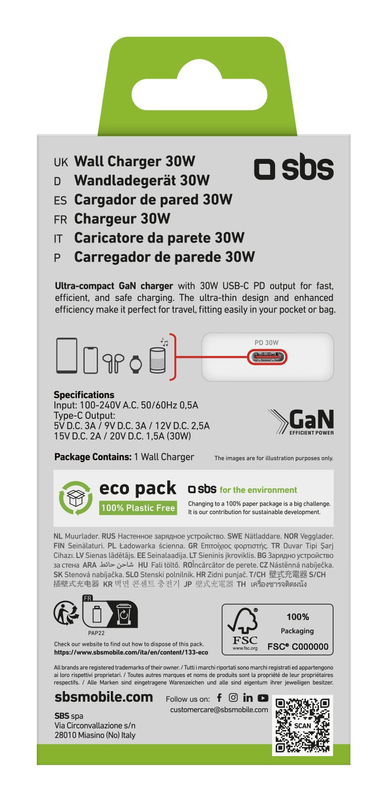 Sbs Pd Reiselader Ultraslim 30w Usb-C Gan Weiá