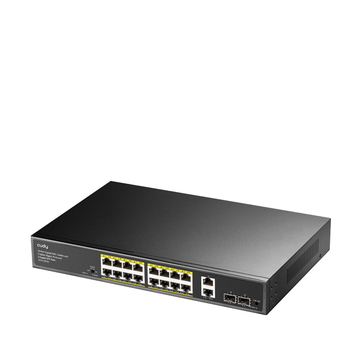 Switch Cudy 20 Puertos - Capacidad Conmutacion 40gbps - 16x Rj45 Poe+ - 2x Rj45 Gbe - 2x Gigabit Sfp - Reinicio