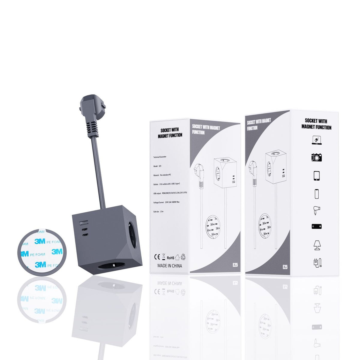 EAN 5715063506486 - Microconnect MC-CUBE015USBMAGNETIC base múltiple 1,5 m 3 salidas AC Gris imagen 2