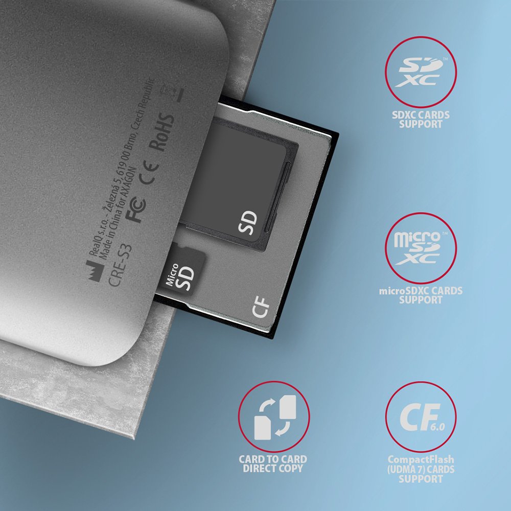 EAN 8595247906625 - Axagon CRE-S3 External card reader USB-A 3.2 Gen 1 3-slot & lun SD/microSD/CF lector de tarjeta USB 3.2 G imagen 4