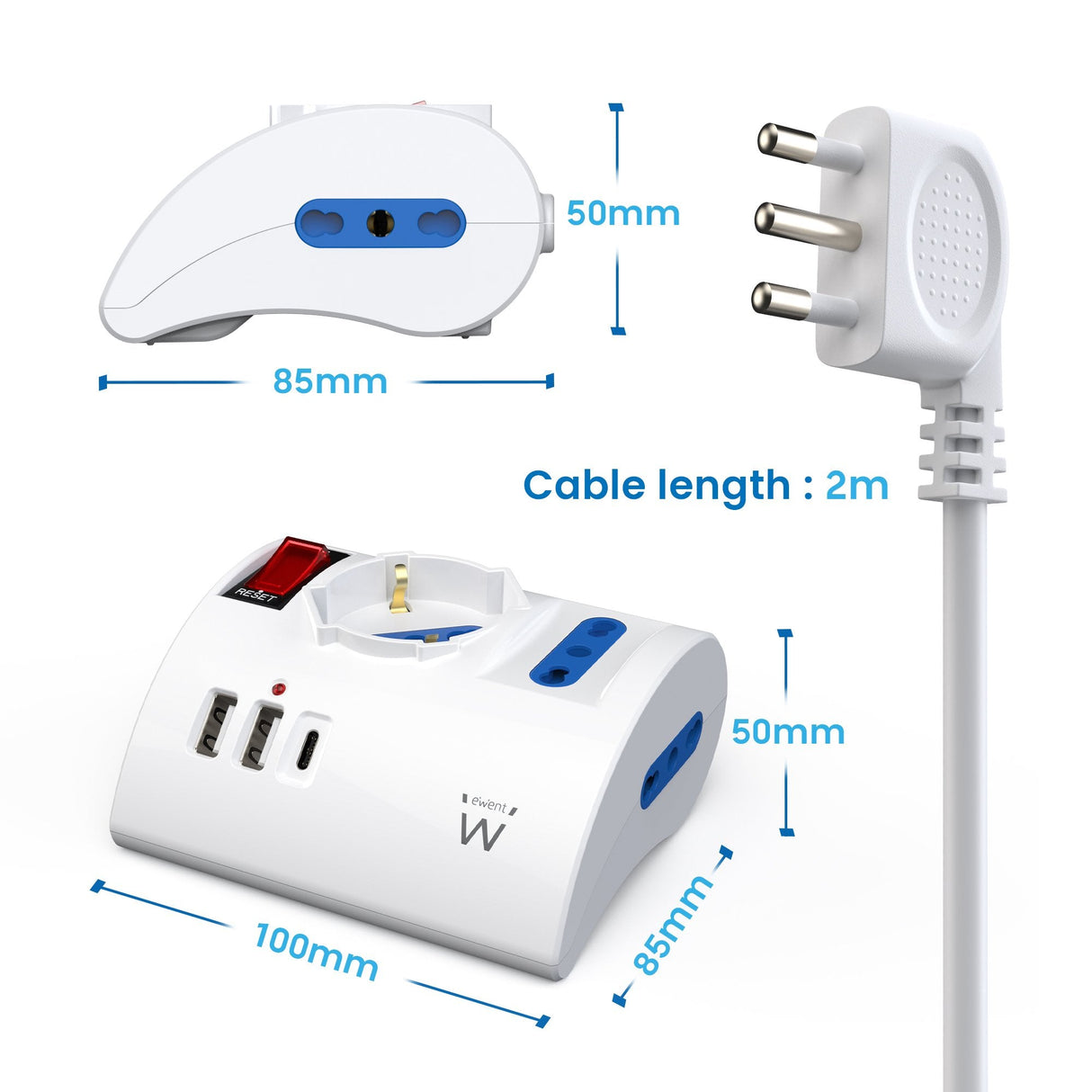 Ewent Regleta Con 6 Tomas De Sobremesa - 2 Tomas L + 1 Toma L/F (Schuko) - 2x Usb-A - 1x Usb-C - Enchufe Italiano Plano