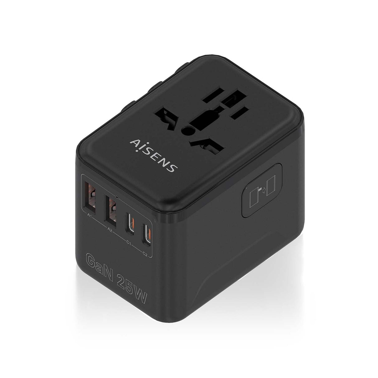 Aisens Adaptador Enchufe Universal Para Viaje Eu/Usa/Uk/Au Con Cargador Usb Gan, 2xusb-A Qc3.0, 2xusb-C Pd3.0 25w, Negro