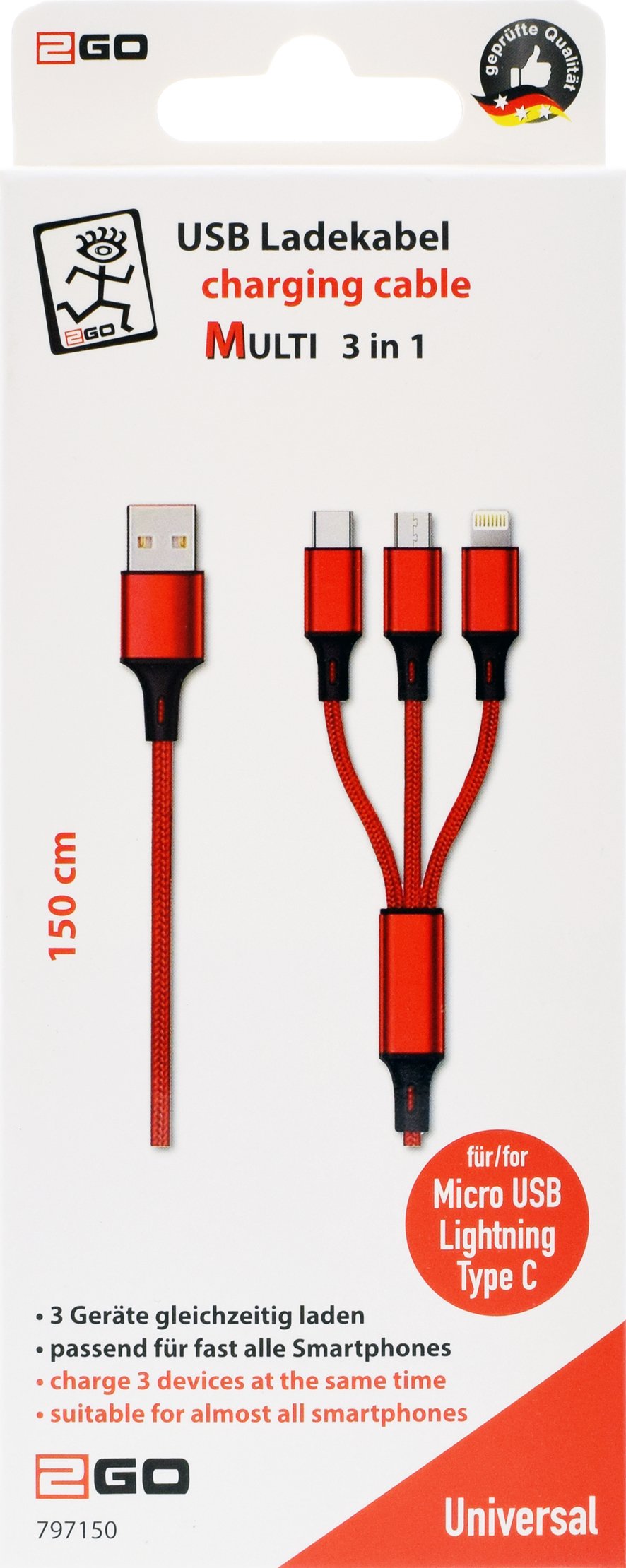 2go 3in1 Usb Cable De Carga Micro-Usb,Apple,Typec Nylon 1,5m Rot