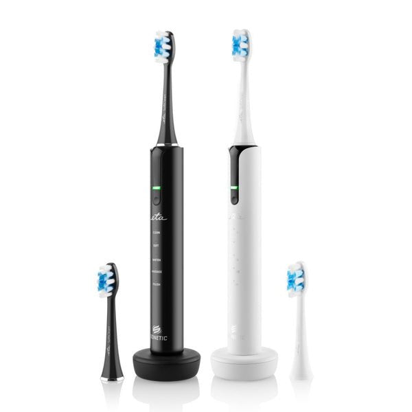 Eta Eta270990000 Set De Cepillos De Dientes Eléctricos Sonetic, 5 Modos De Limpieza, 2 Cepillos De Dientes, 4 Cabezales De Repuesto, Negro Y Blanco