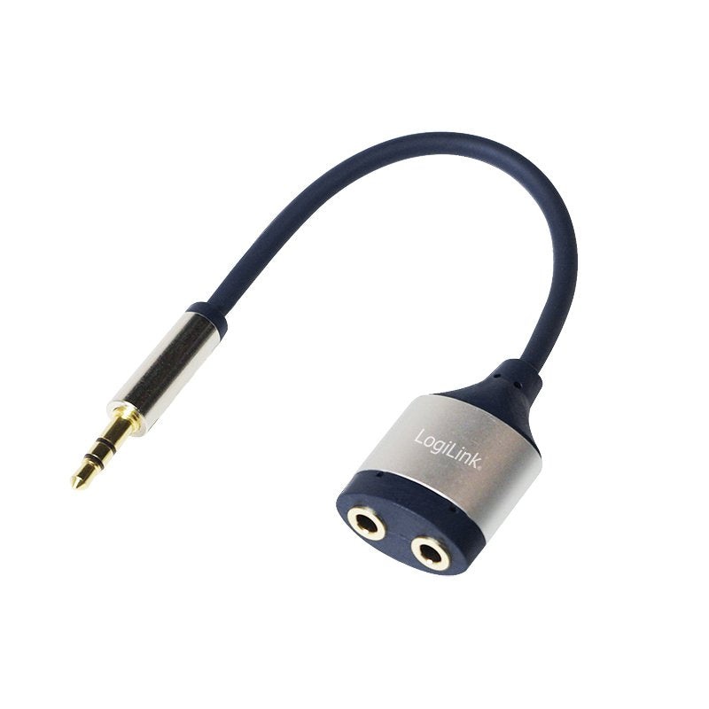 Audio Cable, 3.5 Mm 3-Pin M To 2x 3.5 Mm F, Metal, Azul, 0.18 M