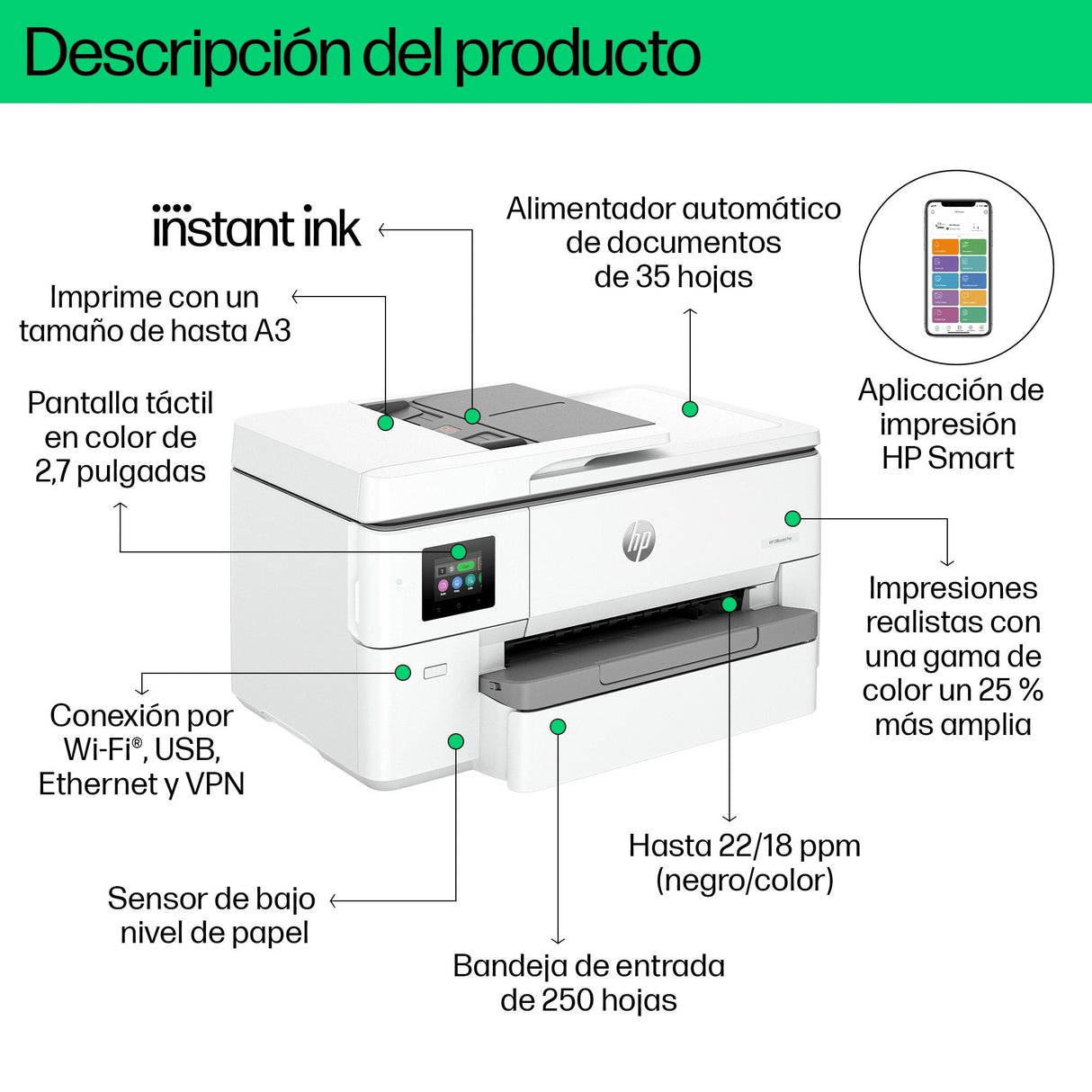 EAN 0196337488021 - HP OfficeJet Pro 9720e WF AiO Printer Inyección de tinta térmica A3 4800 x 1200 DPI 22 ppm Wifi imagen 5