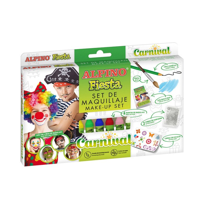 Alpino Fiesta Carnival Pack De Maquillaje Con 6 Barritas De Pintura Facial + Pincel + Tatuajes En Calcomania + Lapiz
