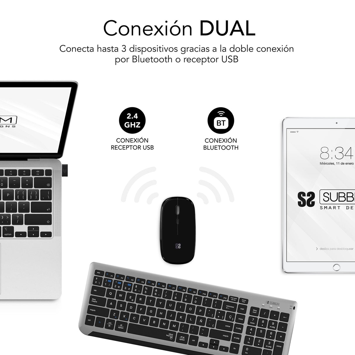 Teclado Y Ratón Inalámbrico Subblim Combo Dual Prestige Extendido Gris Y Negro Español