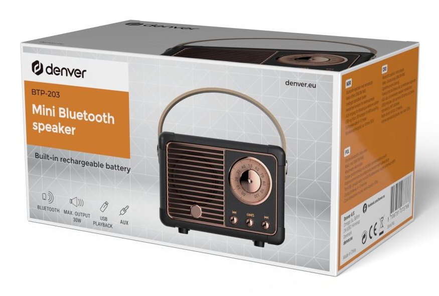 Denver Btp-203b Mini Bt-Lautsprecher Retro-Design Schwarz