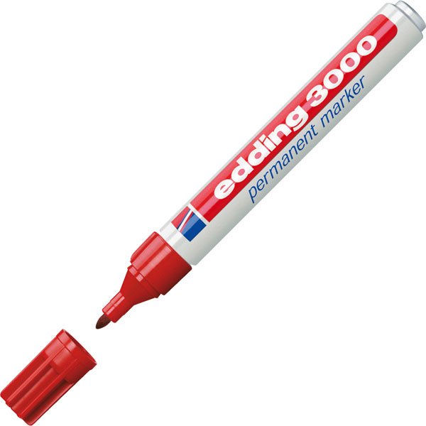 Edding 3000 Rotulador Permanente - Punta Redonda De 1.5mm - Trazo Entre 1.5mm Y 3.0mm - Recargable - Secado Instantaneo - Color Rojo