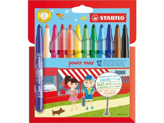 Stabilo Power Max Pack De 12 Rotuladores De Punta Gruesa - Trazo 3mm - Tinta Lavable - No Se Seca - Colores Surtidos