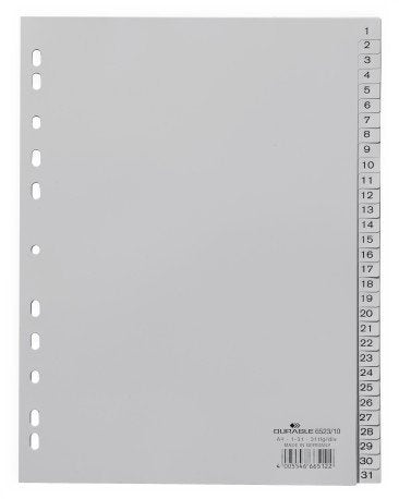 Durable 6523-10 - 6523 - Separador A4 31 Teclas 1-31 Cantos Preimpresos En Ppl, Gris (Paquete Mùltiple)