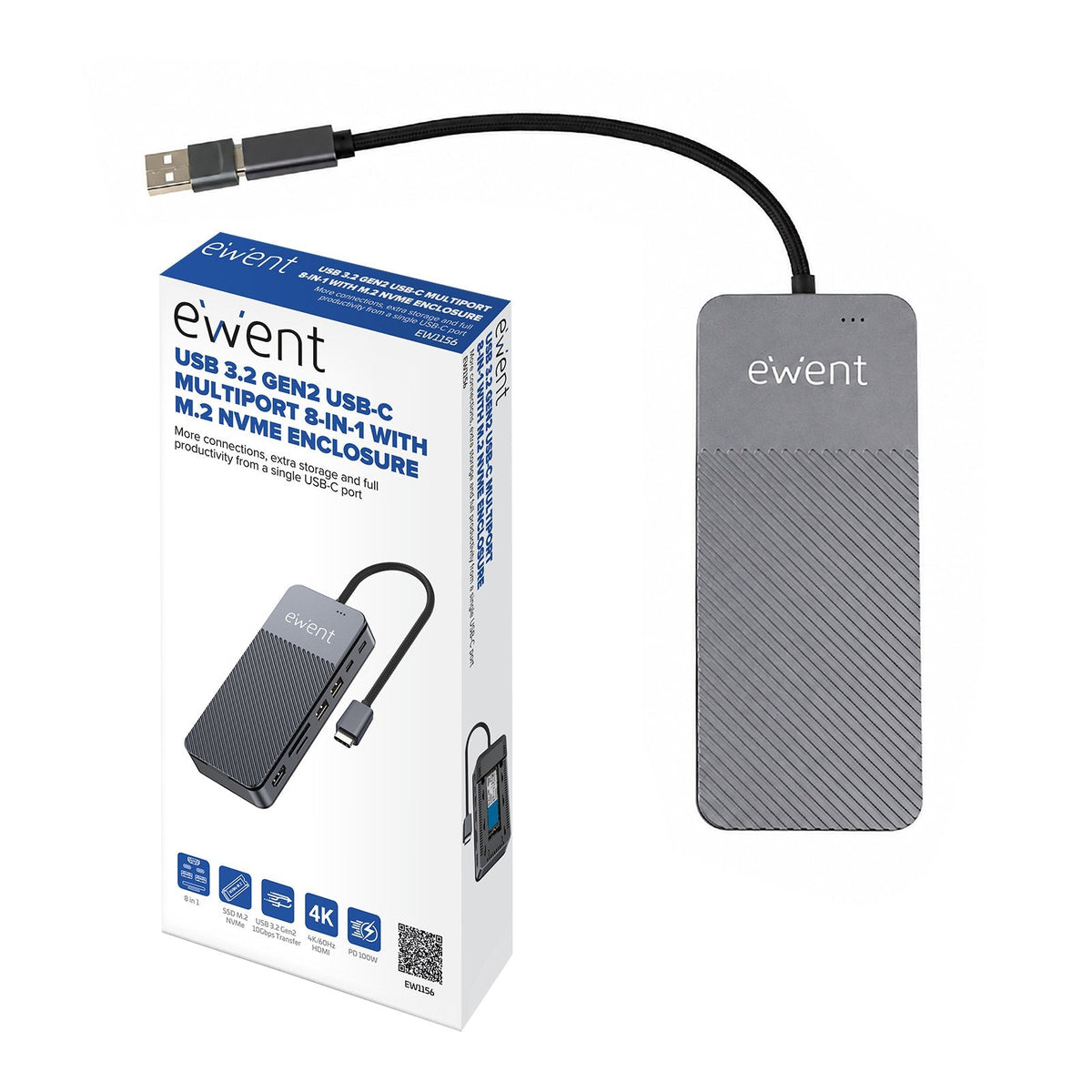 Hub Ewent Ew1156 Usb-C 8en1 + Carcasa Ssd M.2 Nvme 10gbps