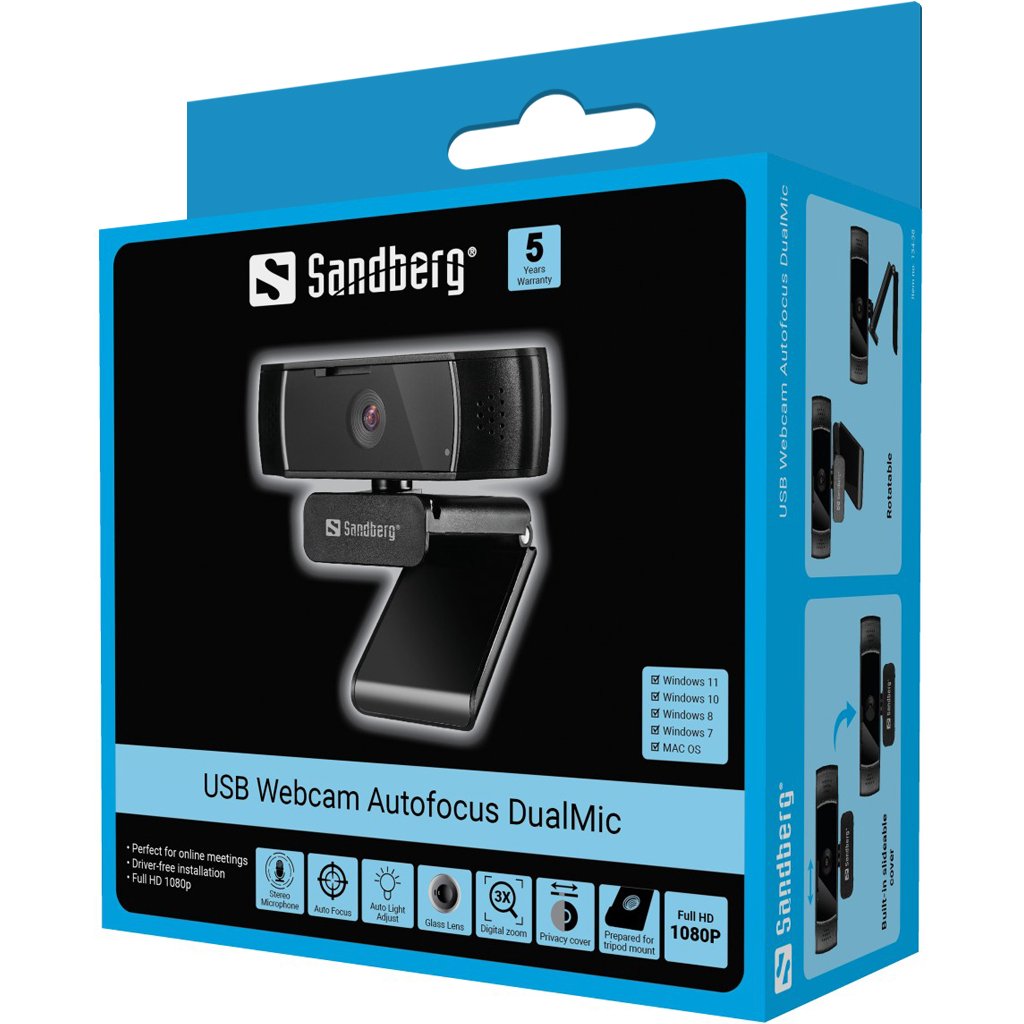 Sandberg Usb Webcam Autofocus Dualmic Cámara Web 2,07 Mp 1920 X 1080 Pixeles Usb 2.0 Negro