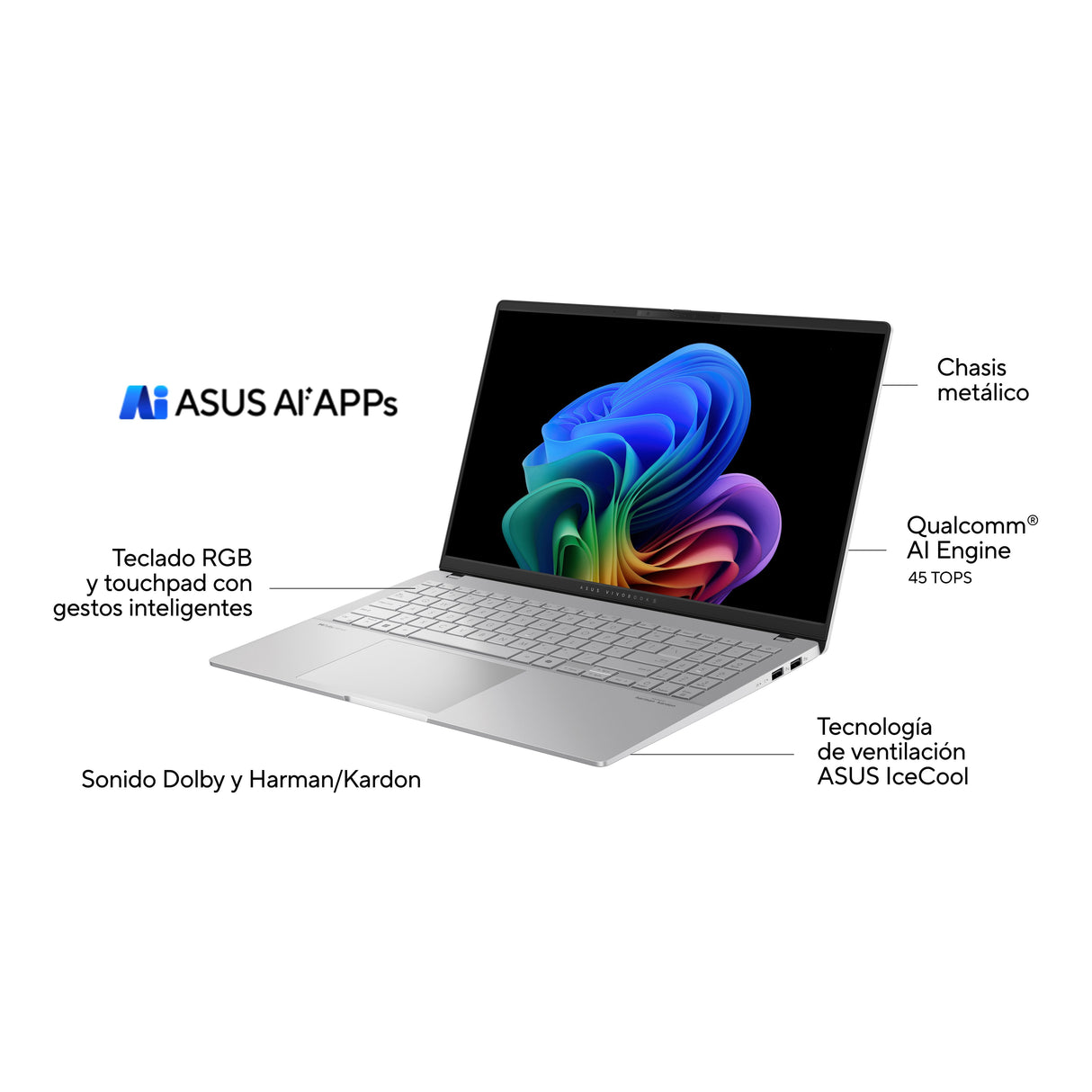 Asus Vivobook S 15 Oled S5507qa-Ma006w Copilot+ Pc - Ordenador Portátil 15.6" Wide Quad Hd+ 120hz (Qualcomm Snapdragon X1e78100, 16gb Ram, 1tb Ssd, Adreno Gpu, Windows 11 Home) Plata Fría - Teclado Qwerty Español