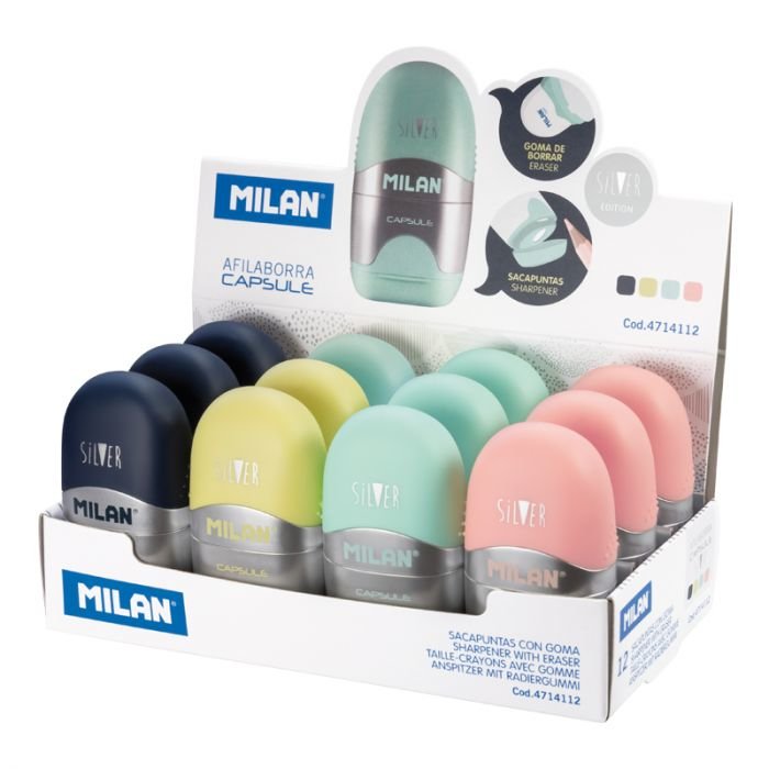 Milan Caja Expositora 12 Afilaborras Capsule Silver.Combinación De Goma Y Sacapuntas.
