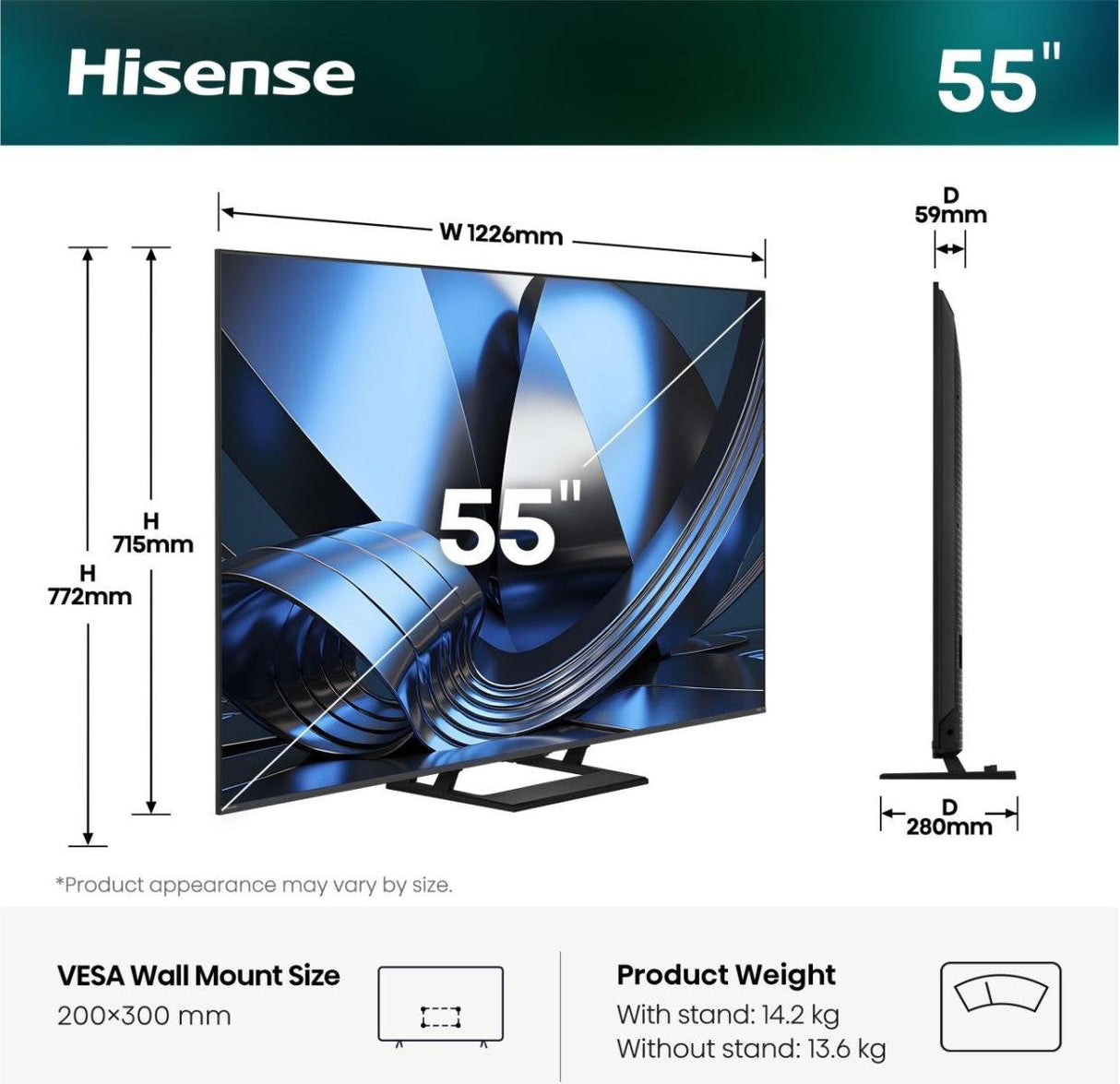 139,0cm 55" (3840x2160) Hisense 55u7se Smart Tv 4k Uled Miniled 6ms 144hz Hdmi Usb Lan Hdr Vesa Wifi Bluetooth Black