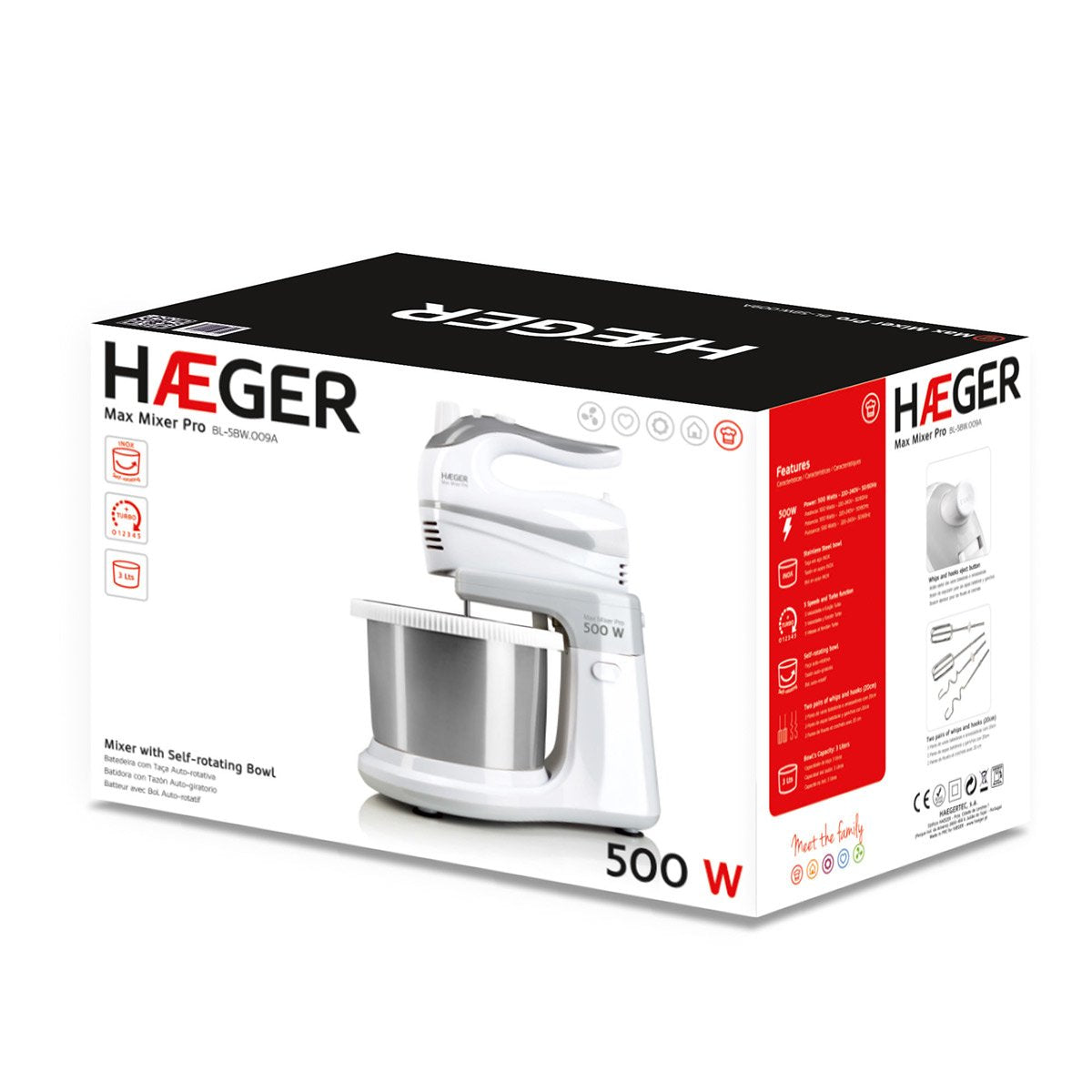 Batidora Reposteria Haeger Max Mixer Pro 500w 5 Velocidades + Turbo 2 Varillas Batidoras 2 Varillas Amasadoras Bol Acero Inox. 3