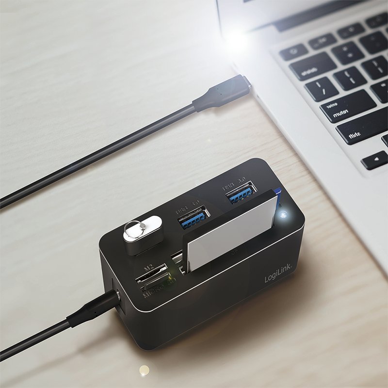 Hub Usb-C Logilink Mini Docking Negro 3xusb3.2/Admite Tarjetas Sd+Microsd+M2+Ms+Cf Cr0046