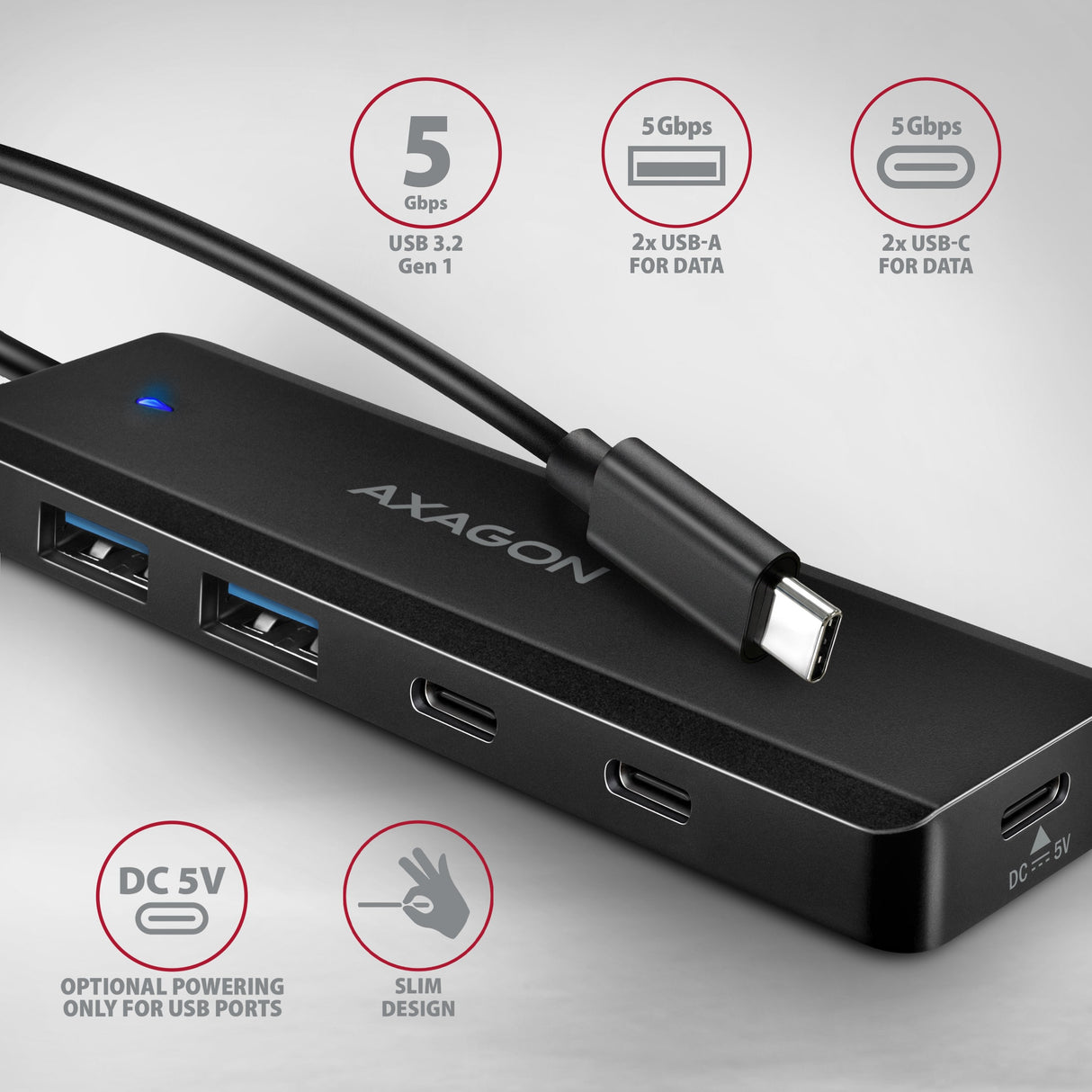 Hub 4-Portowy 5gbps 2x Usb-A 2x Usb-C , Usb-C Power In 19cm Kabel Hue-C2c