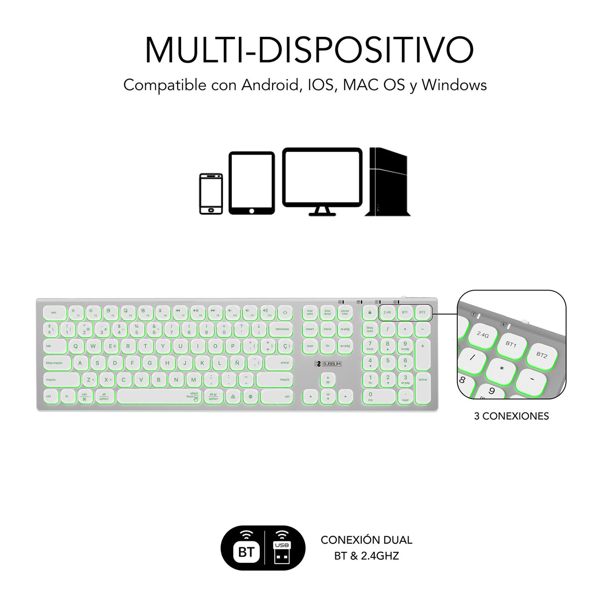 EAN 8436586742652 - SUBBLIM SUBKB-3MIE300 teclado Universal RF Wireless + Bluetooth QWERTY Español Plata, Blanco imagen 4