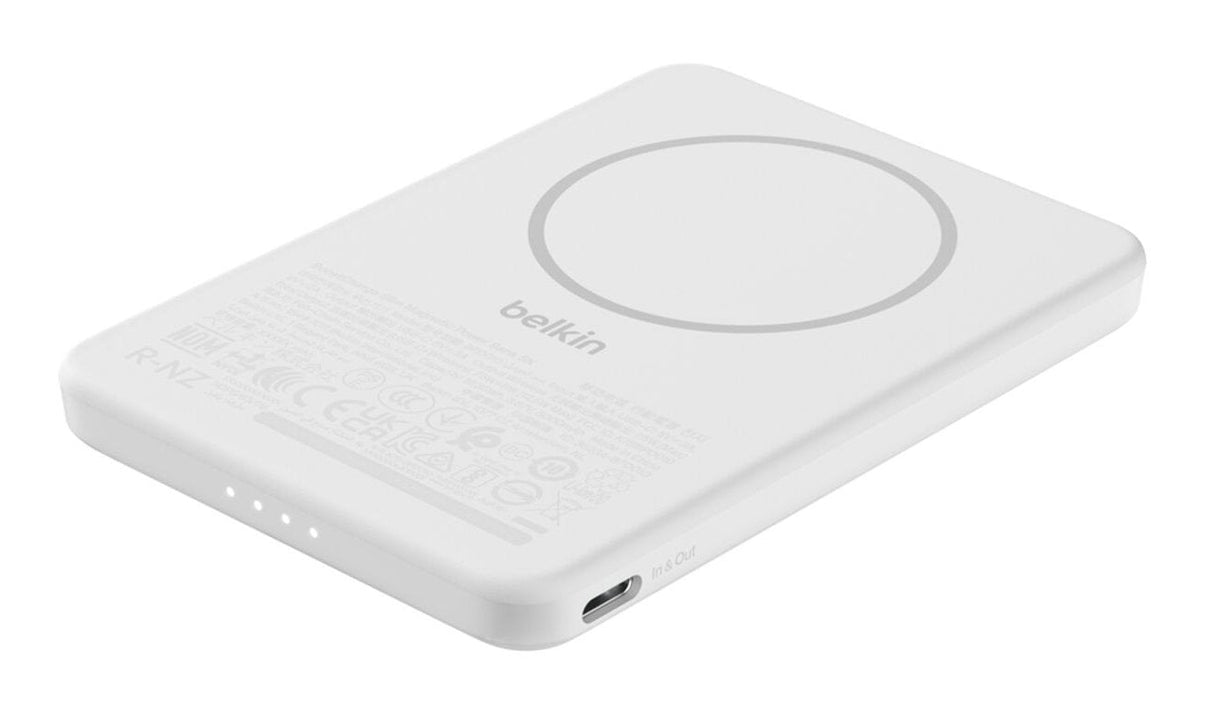 Cargador Inalámbrico Belkin Delgado 5000 Mah 15 Vatios Fast Charge 2 Conectores De Salida (Magnética Usb-C) En El Cable: Usb-C Blanco