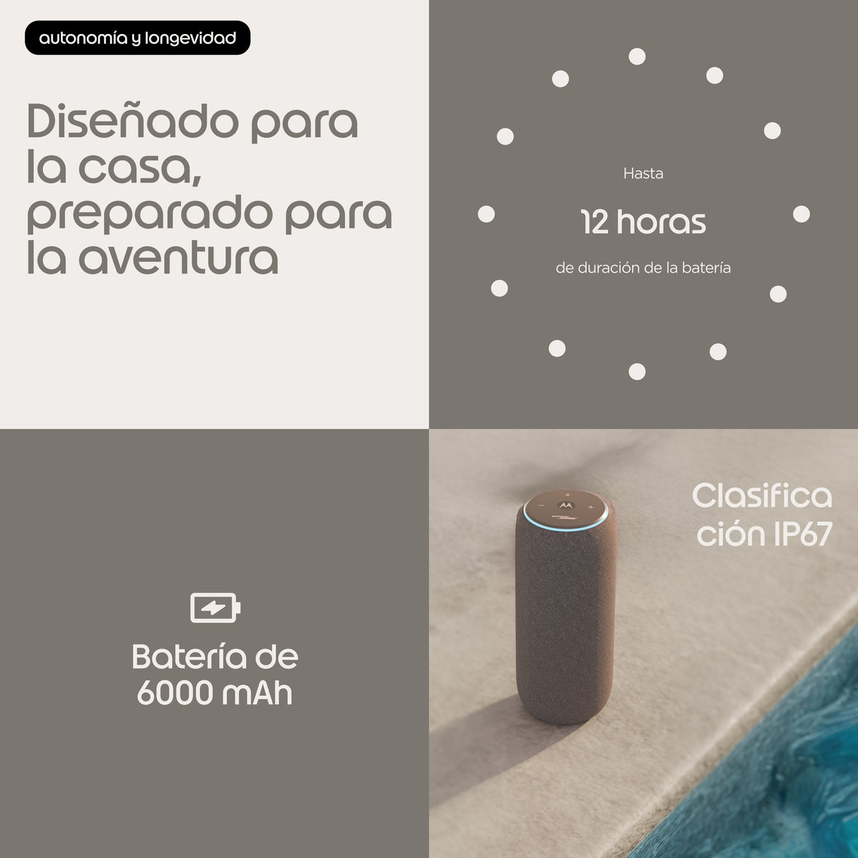 Motorola Moto Sound Flow Altavoz Para Uso Portátil Inalámbrico Bluetooth Wi-Fi Controlado Por Aplicación 30 Vatios 2 Vías Pantone Warm Taupe