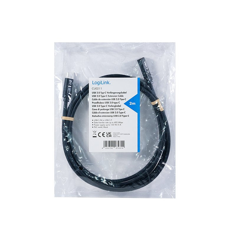 Usb 2.0 Type-C Cable, C M To C F, 480 Mbps, 100w, Negro, 2 M