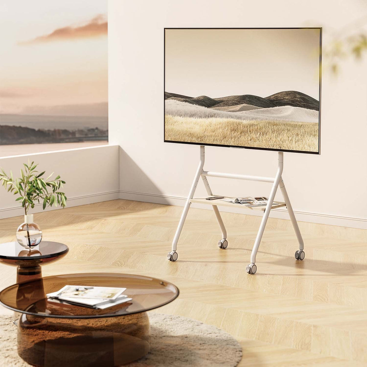 Aisens Soporte De Suelo Eco Con Rueda, 1 Bandeja Para Pantalla Interactiva/Tv 80kg De 37-86, Blanco+Madera