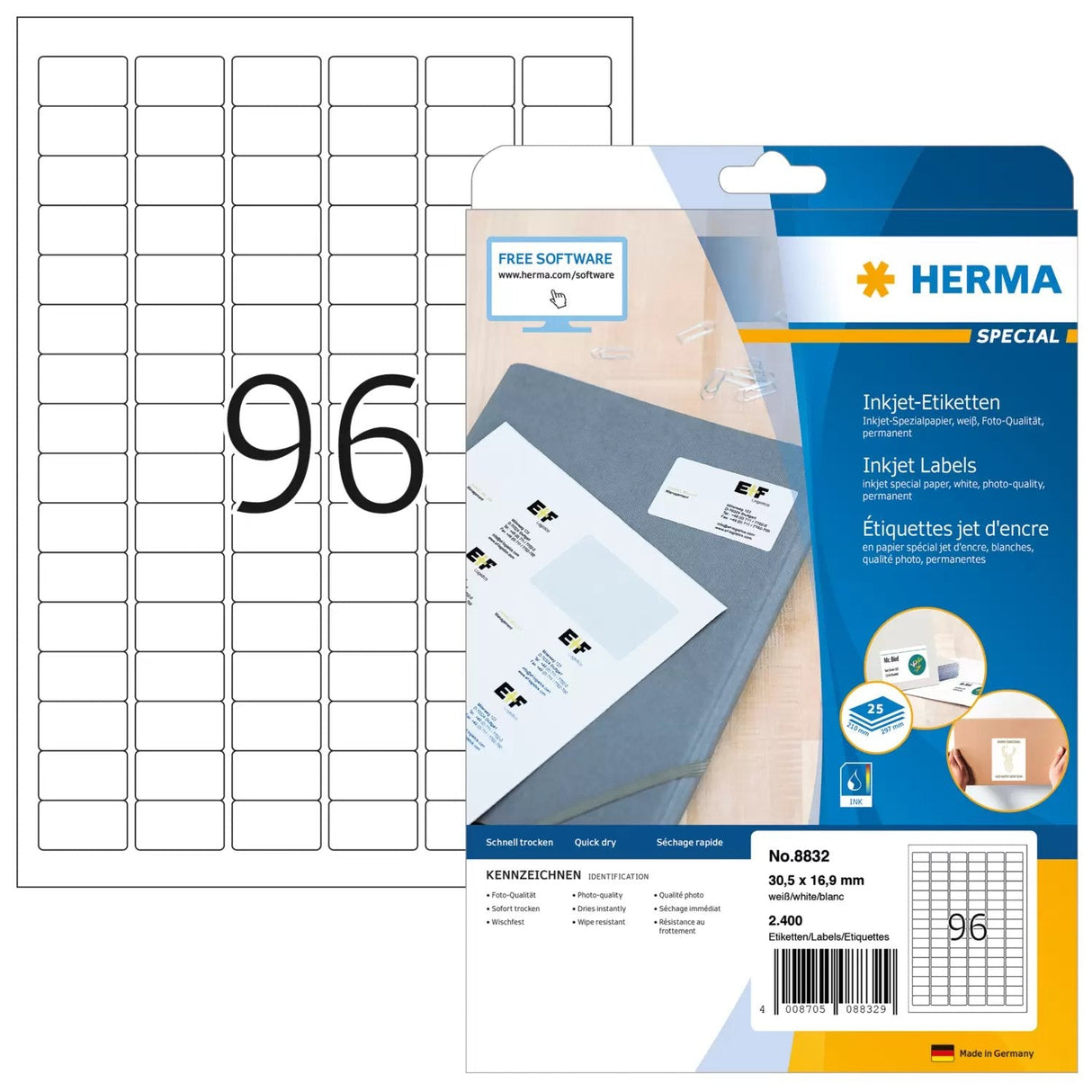 Etiquetas Inkjet Herma A4 Papel Blanco 30,5x16,9 Mm 2400 Piezas.