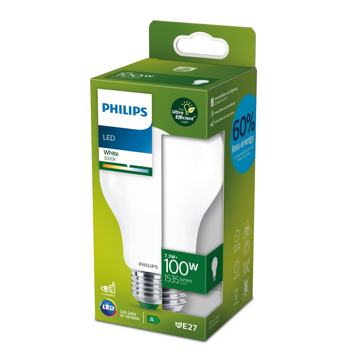 Bombilla Ultra Efficient Led Classic 7,3w 1535im E27 3000k, Ø6x12,4cm, Philips