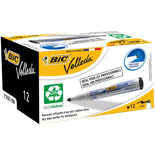 Velleda Marcador Pizarra Blanca Ecolutions 1701 Punta Redonda Negro Caja -12u-