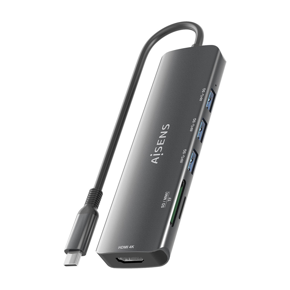 Aisens Usb-C Dock 6 En 1, Usb-C A 1xhdmi, 3xusb-A, 1xsd, 1xmicro Sd, Gris, 15cm