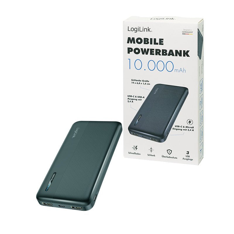 Logilink Mobile Power Bank, Lipo, 10.000 Mah, Usb-C In Out, Negro