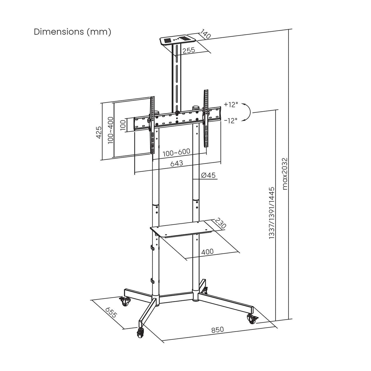 Aisens Soporte De Suelo Eco Con Rueda, Bandeja Para Dvd Y Soporte De Cámara Para Monitor/Tv 45kg De 37-70, Negro