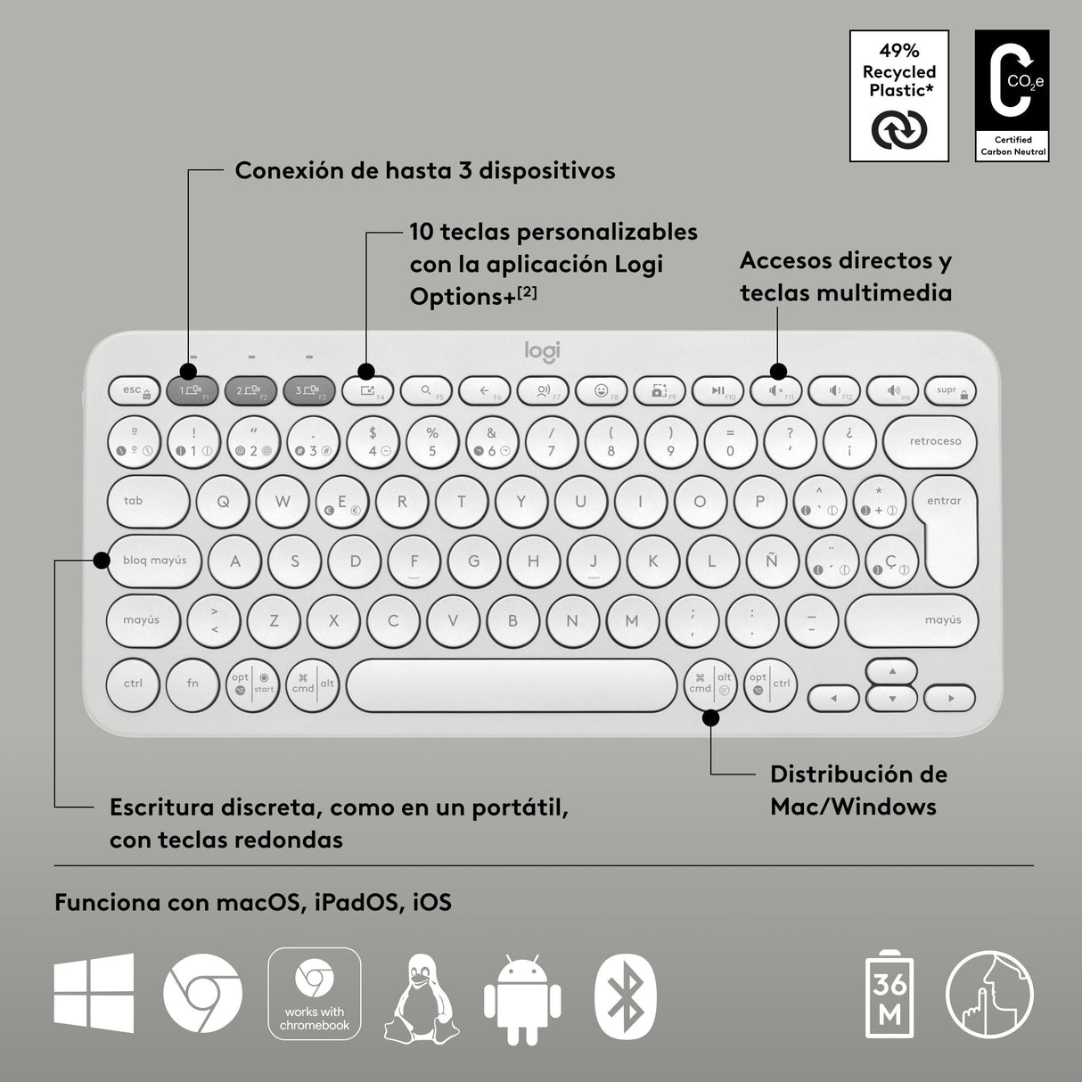 Teclado Logitech Pebble Keys 2 K380s Rf Wireless + Bluetooth Qwerty  Blanco Español
