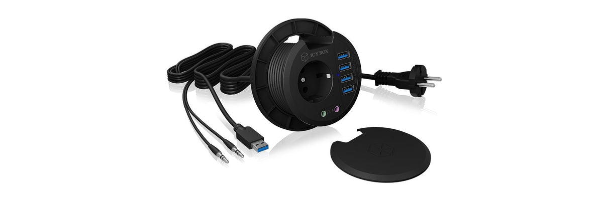 Hub Usb Icy Box Mesa Usb 3.0 Negro 80mm Redondo, 4xusb 3.0, Enchufe, Entrada + Salida De Audio