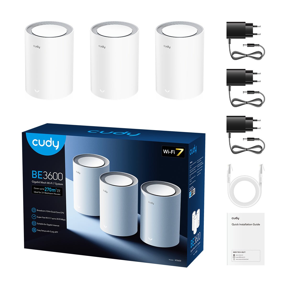 Cudy Pack De 3 Sistemas Wifi Mesh 7 Gigabit Dual Band Be3600 - Velocidad Hasta 1000mbps - 3 Puertos - Antenas Internas