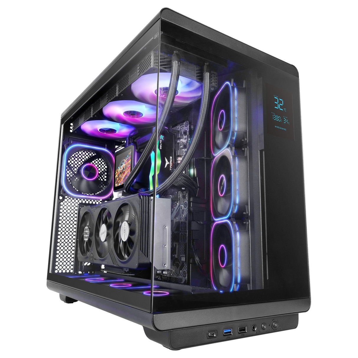 Caja Pc Atx Mars Gaming Mc-Revpro Pantalla Lcd 4.3" Cristal Templado 4x Ventiladores Argb Black