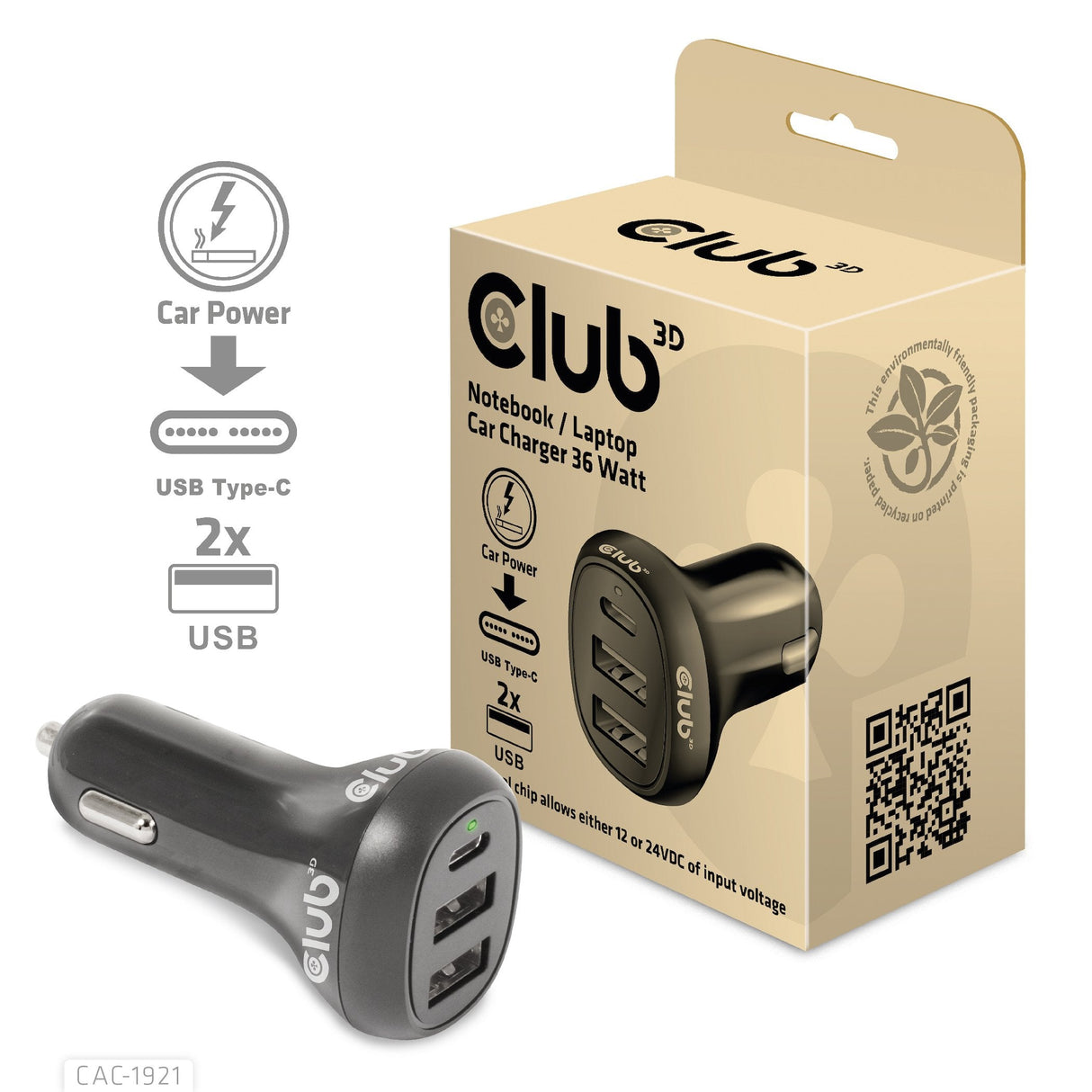 Cargador De Coche Usb Club3d 1xusb C, 2xusb A, 36w, 12 24v