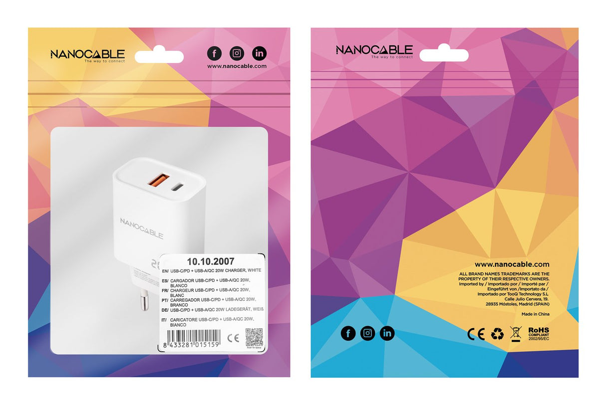 Cargador Usb-C/Pd + Usb-A/Qc 20w Blanco