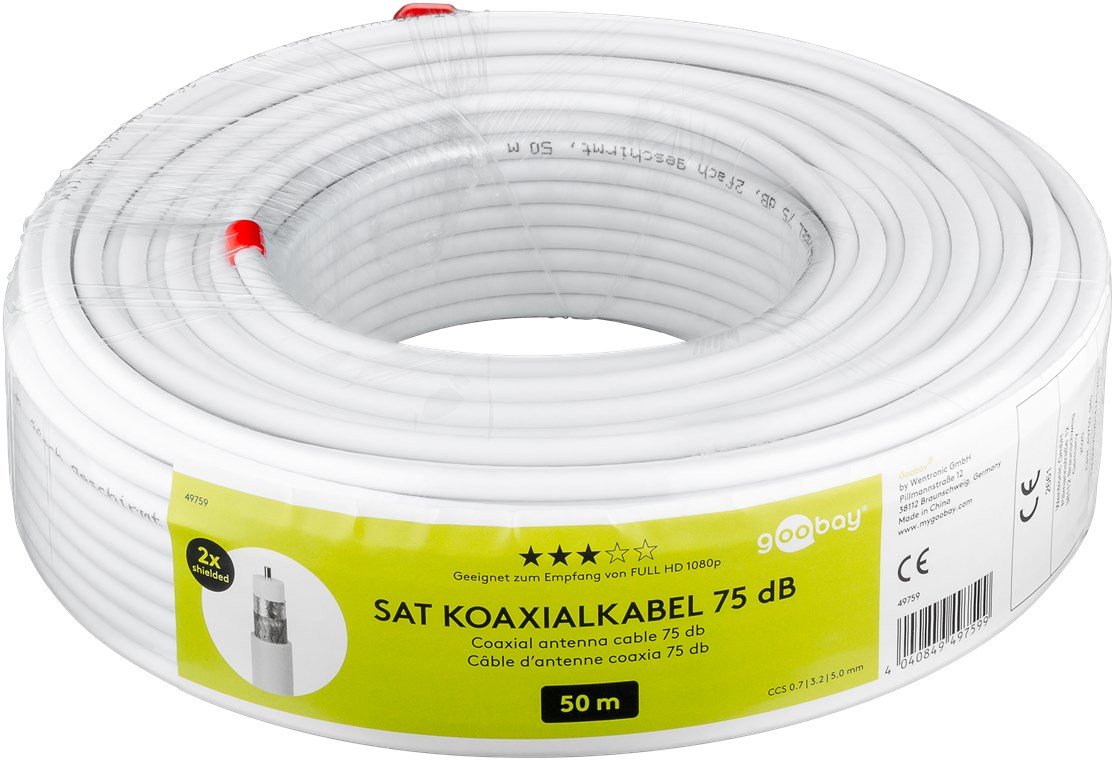 Cable Coaxial 20 Metros De Satélite (120 Db, Doble Apantallamiento, Ccs), Color Blanco