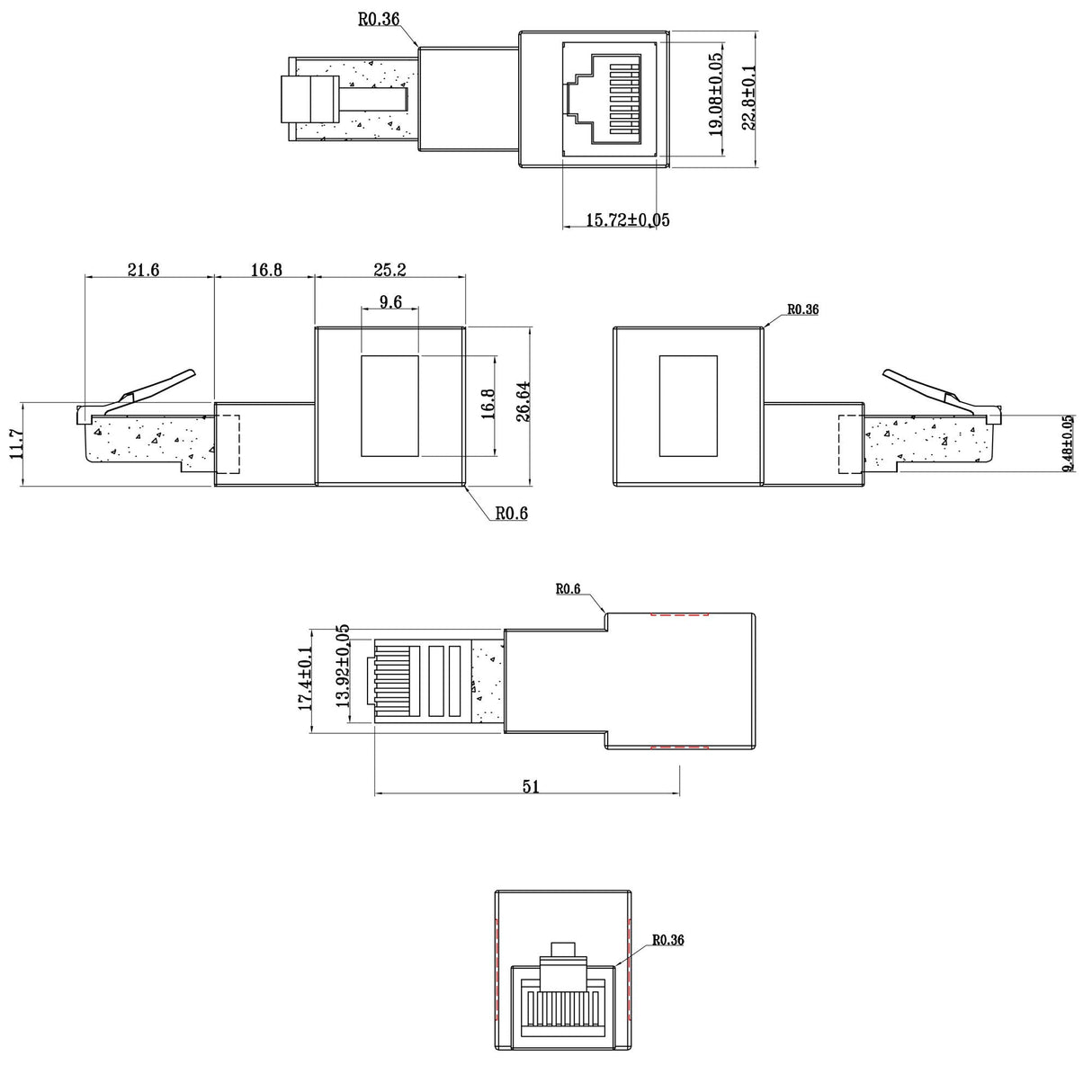 Adaptador De Cable De Red Inline Cat.6a, Enchufe/Toma Rj45, Acodado 90° Hacia Arriba