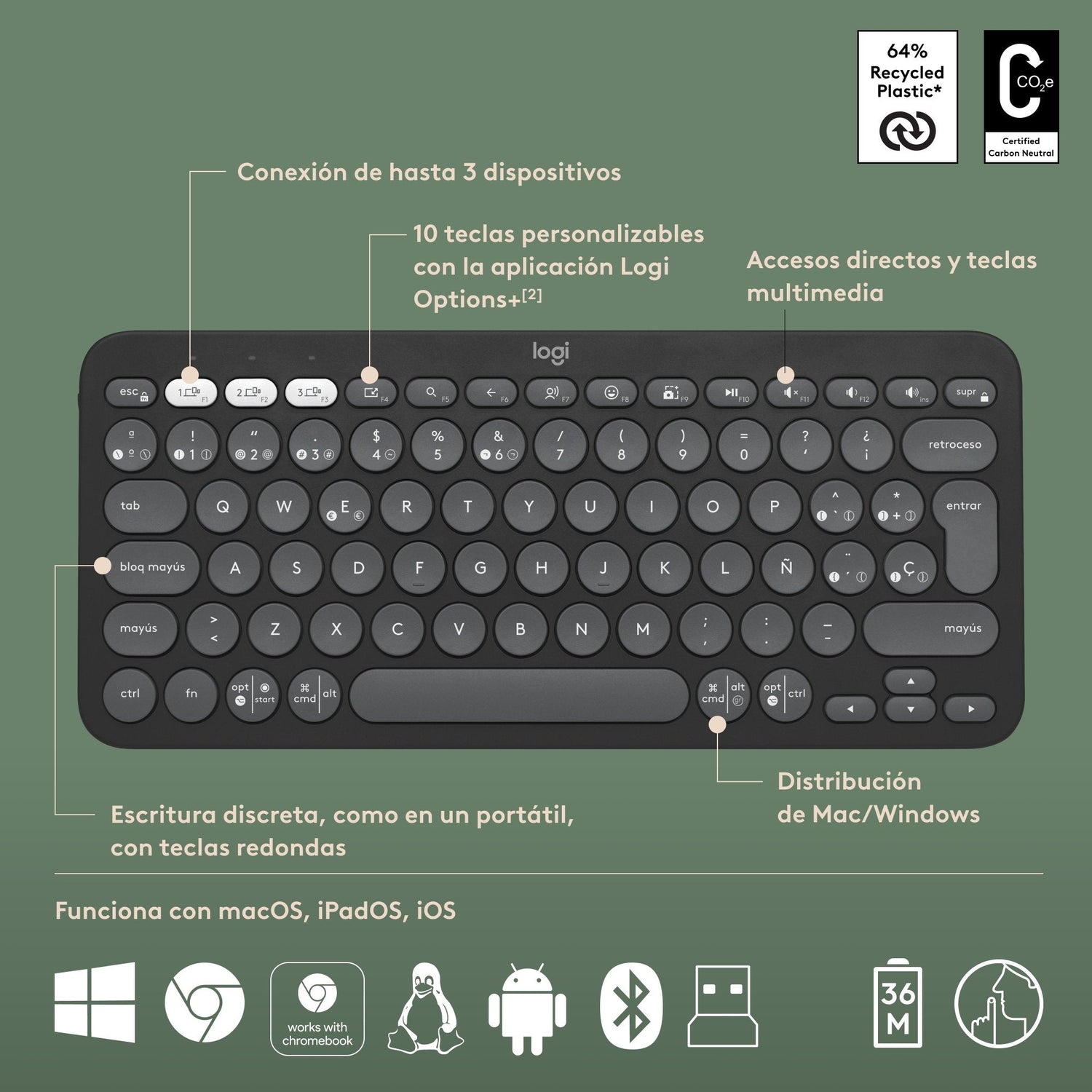 Teclado Español Logitech Pebble 2 Combo  Ratón Incluido Universal Rf Wireless + Bluetooth Qwerty Grafito